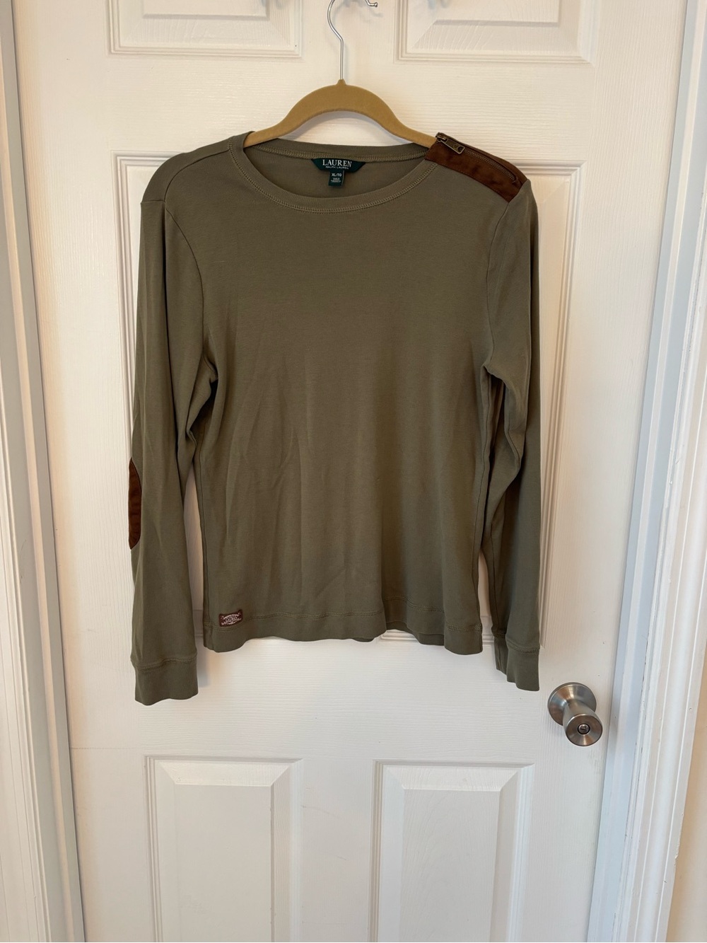 Ralph Lauren Olive Green Long-Sleeve Crewneck with Brown Suede Patches